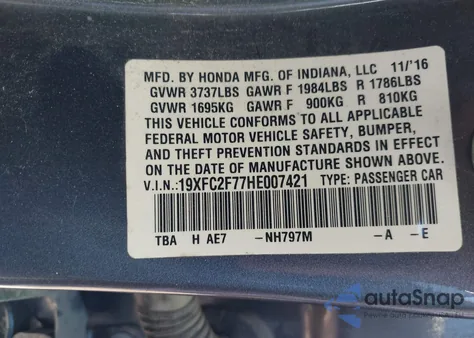 2017 Honda Civic Ex from USA, damaged, VIN 19XFC2F77HE007421